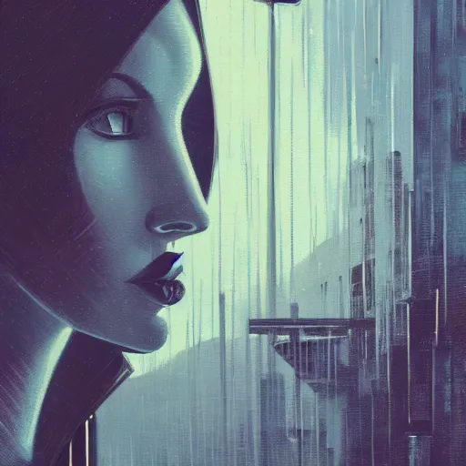 Prompt: detailed face of a woman, clockwork, moment, tectonic sky, skydome, bullet train, turbines, utopian, tech noir, wet reflections, prism, atmospheric, ambient, pj crook, syd mead, livia prima, greg rutkowski, nick alm, casey baugh