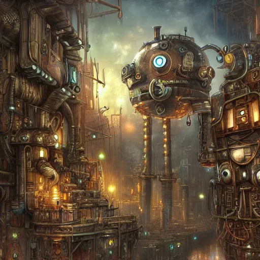 Image similar to robot city, steampunk art, fantasy style, super high detail, super high quality, talented artist, trending on artstation, machinarium