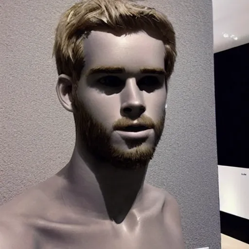 Image similar to “a realistic detailed photo of a guy who is an attractive humanoid who is half robot and half humanoid, who is a male android, actor Liam Hemsworth, shiny skin, posing like a statue, blank stare, at the museum, on display”