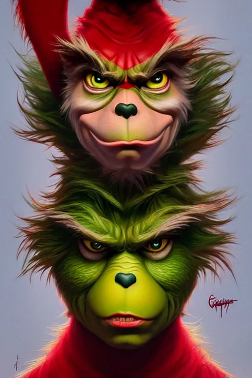 Image similar to symmetry!! intense fanart of 3 / 4 front pose of the grinch, protagonist, intricate,, highly detailed, my rendition, digital painting, artstation, concept art, perfect, smooth, sharp focus, illustration, art by artgerm and greg rutkowski and alphonse mucha