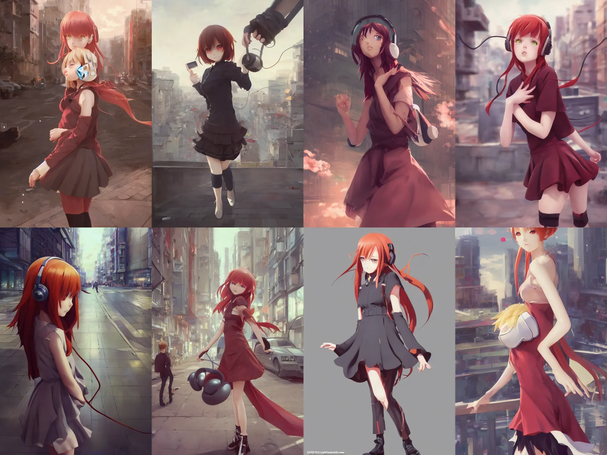 Prompt: complicated dynamic composition,realistic anime style at Pixiv, CGSociety by WLOP,ilya kuvshinov,krenz cushart,Greg Rutkowski,trending on artstation. Zbrush sculpt colored,Octane render in Maya and Houdini VFX,realistic cute young redhead girl in motion, expressing joy, dress,headphones,silky hair, deep eyes.In cityscape.Amazing textured brush strokes.Cinematic dramatic atmosphere,sharp focus, soft volumetric studio lighting.