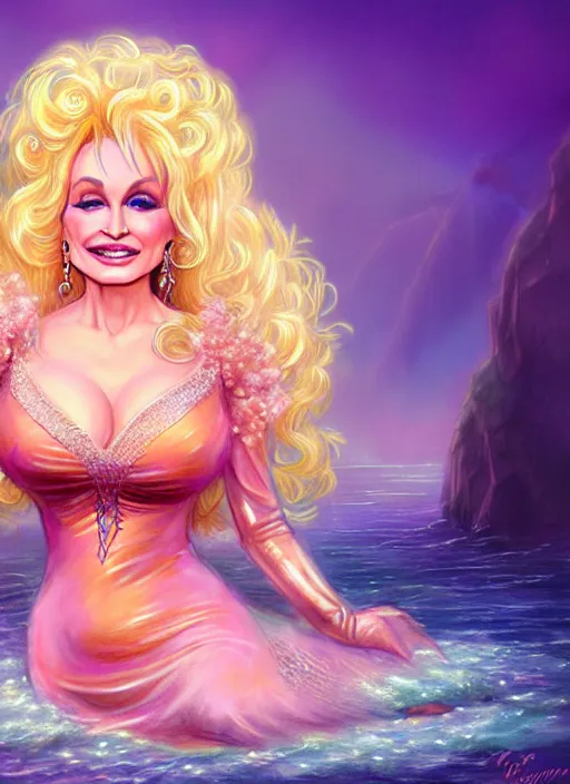 Prompt: dolly parton mermaid, concept art, fantasy background, elegent, matte painting, radiant lighting, pastel colors, intricate detail, vintage fantasy art