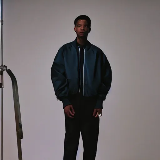 Image similar to realistic photoshooting for a new balenciaga lookbook color film photography of a beautiful woman model, model wears a workwear jacket, photo in style of tyler mitchell, ssense