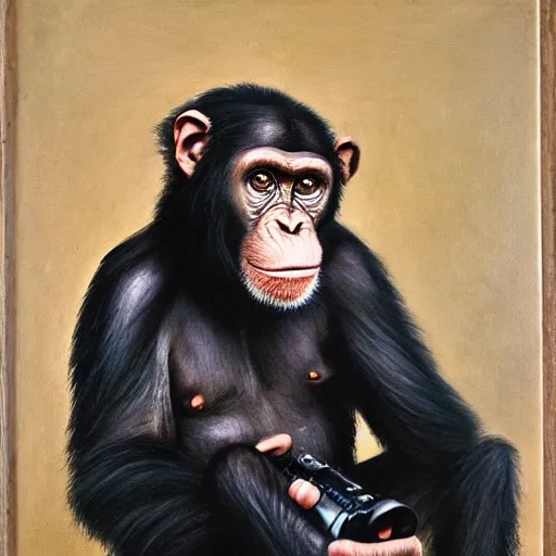 Image similar to Portrait of a Chimpanzee holding a camera in his hands, oil painting