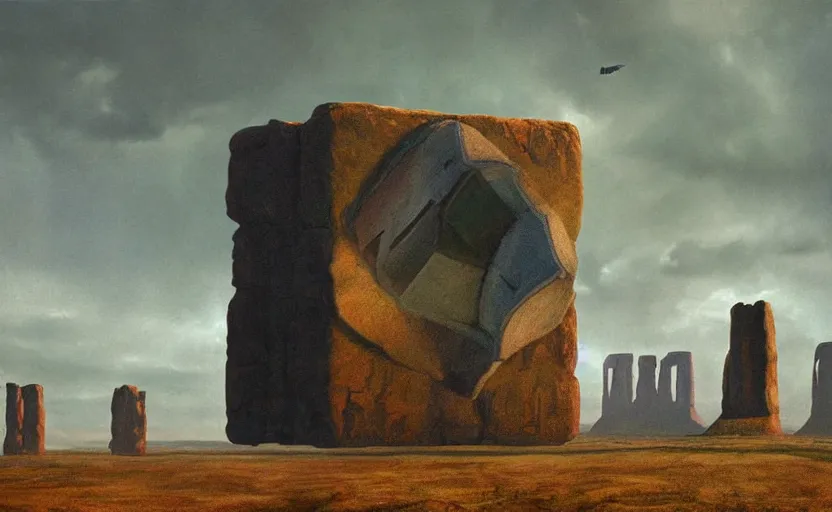 Image similar to hyperrealist painting of an giant cube from independence day ( 1 9 9 6 ) in monument valley stonehenge. 1 9 7 0 s science fiction, moody, misty, depth perception, 4 k, artstation, in the style of studio ghibli