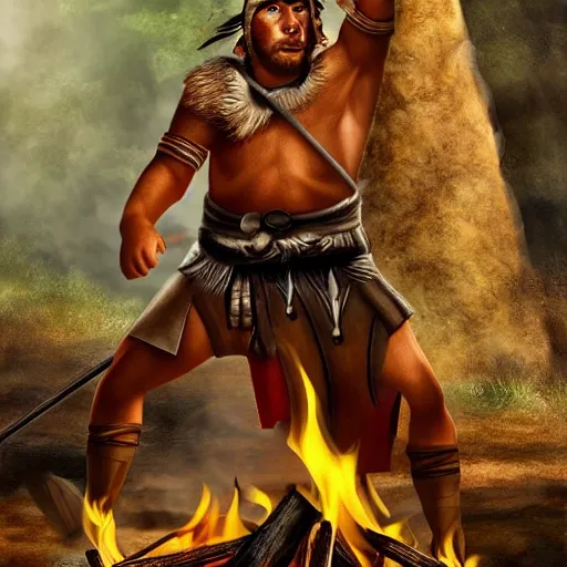 Image similar to tchno - neolithic warrior warlord preaching around the fire to a crowd, cave background, photorealistic hd,