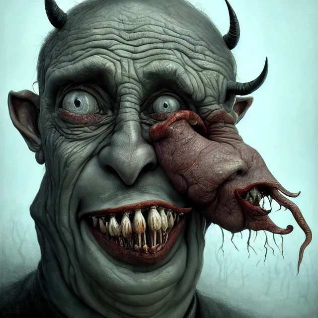 Image similar to gediminas pranckevicius | close up portrait of a the devil in the sinister valley of despair, one mouth, one nose, two eyes, oil painting by tomasz jedruszek, cinematic lighting, pen and ink, intricate line, hd, 4 k, million of likes, trending on artstation