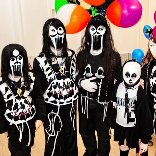 Prompt: black metal band at a children's birthday party, balloons, clown, cakes, fun, kids