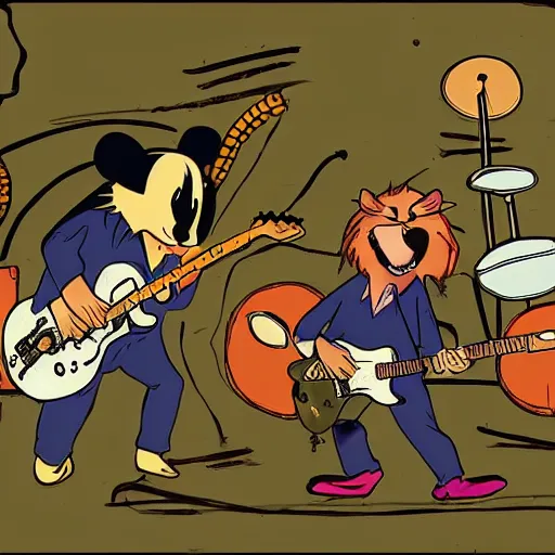 Prompt: rats playing in a rock band inspired by the beatles, wholesome, ghibli and disney animation, sharp, art by ken anderson and mel shaw, dramatic lighting, brown palette, high detail