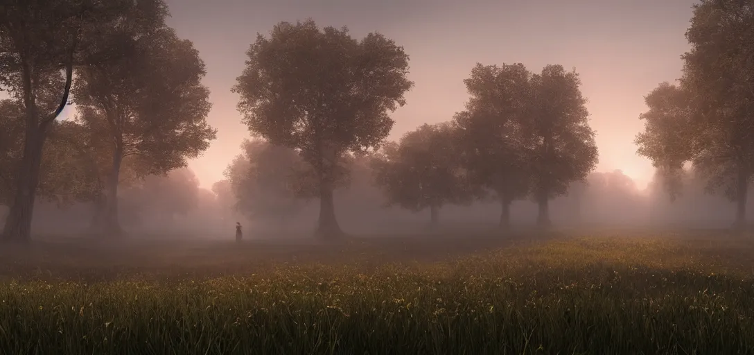 Prompt: beautiful meadow at sunrise, thin morning fog hovering close to the ground, symmetry, intricate Details, raphael lacoste, eddie mendoza, alex ross, concept art, matte painting, highly detailed, rule of thirds, dynamic lighting, cinematic, detailed, denoised, centerd, clean render