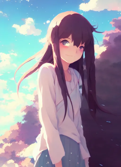 Image similar to portrait of cute girl, cloudy sky background lush landscape illustration concept art anime key visual trending pixiv fanbox by wlop and greg rutkowski and makoto shinkai and studio ghibli