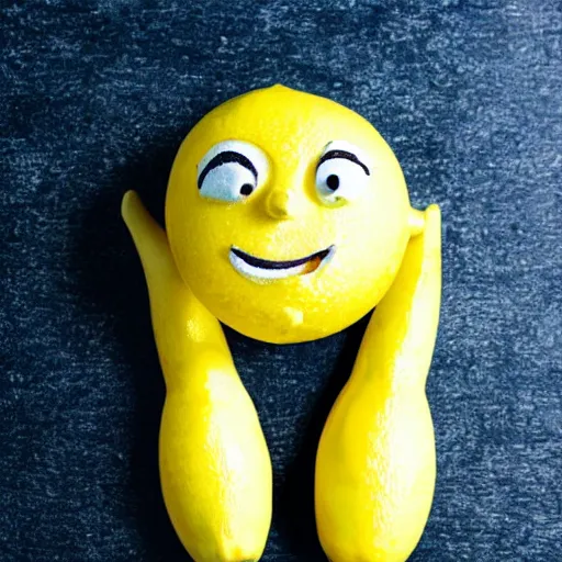 Image similar to a lemon in shape of a human with legs of lemons and round body, very realistic, high quality, volumetric light