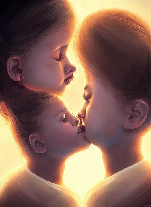 Image similar to portrait of a mother kissing her daughter's forehead, the mother and her daughter are on a battlefield. by Ciryl Rolando, hyperrealistic illustration, digital art, studio lightning, very detailed faces