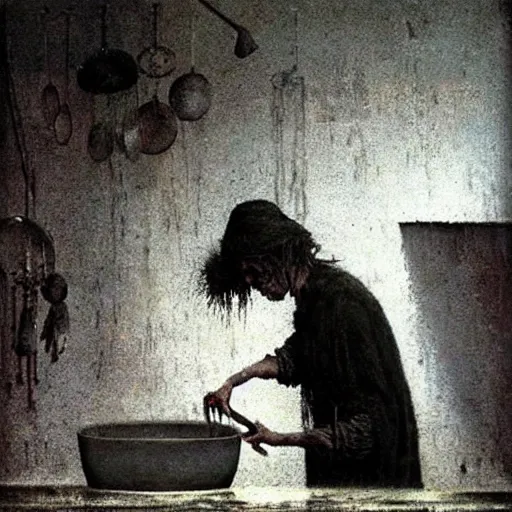 Image similar to Johny Depp washing dishes by Zdzislaw Beksinski