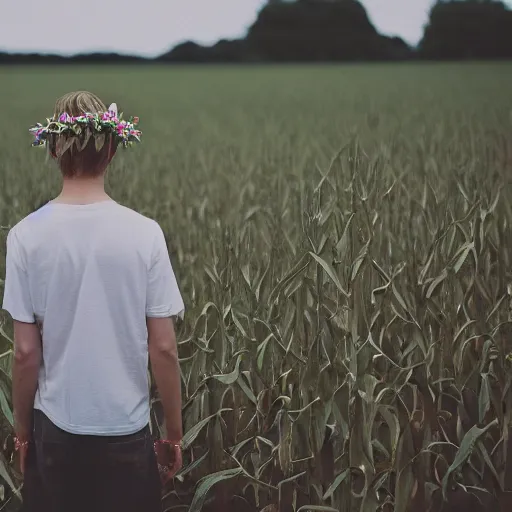 Image similar to agfa vista 4 0 0 photograph of a skinny blonde guy standing in a cornfield, flower crown, back view, grain, moody lighting, telephoto, 9 0 s vibe, blurry background, vaporwave colors!, faded!,