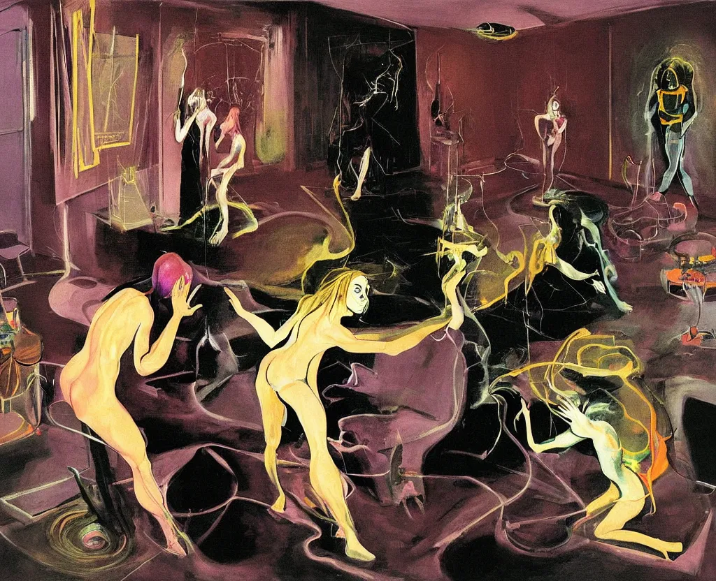 Prompt: Man and woman start to bounce in a living room of a house, floating dark energy surrounds the middle of the room. There is one living room plant to the side of the room, surrounded by a background of dark cyber mystic alchemical transmutation heavenless realm, cover artwork by francis bacon and Jenny seville, midnight hour, part by adrian ghenie, part by jeffrey smith, part by josan gonzales, part by norman rockwell, part by phil hale, part by kim dorland, palette knife texture, paint drip, artstation, highly detailed