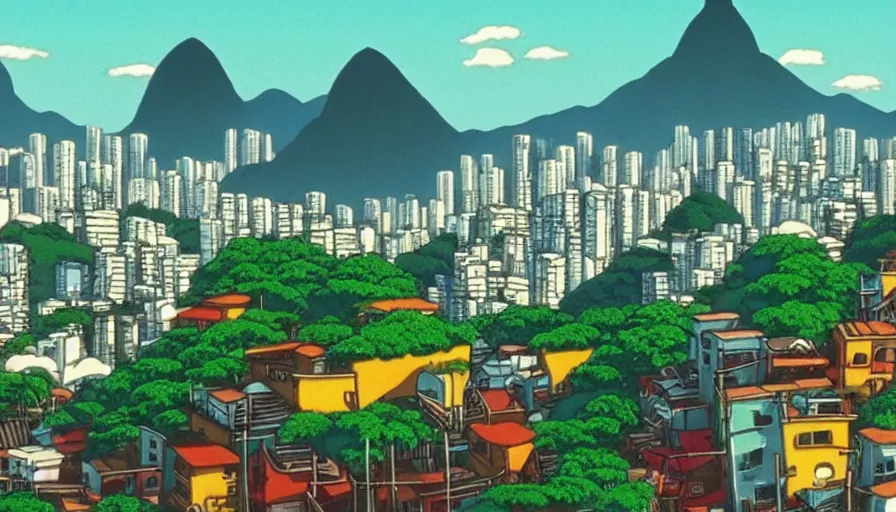 Image similar to 1 9 8 6 movie screencap of rio de janeiro, studio ghibli sky, beautiful favela background extremely utra high quality artwork 8 k