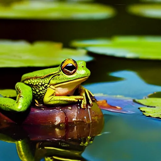 Prompt: fantasy art, close - up of a frog in a small crown!!! in the pond with water lilies, shallow depth of field, highly detailed, autumn, rain, masterpiece, matte painting, sharp focus, matte painting, by isaac levitan, by monet, asher brown durand,