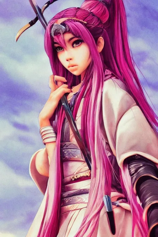 Prompt: highly detailed beautiful photo of madison beer as a young female samurai, practising her sword staces, symmetrical face, beautiful eyes, pink hair, realistic anime art style, 8 k, award winning photo, pastels colours, action photography, 1 / 1 2 5 shutter speed, sunrise lighting