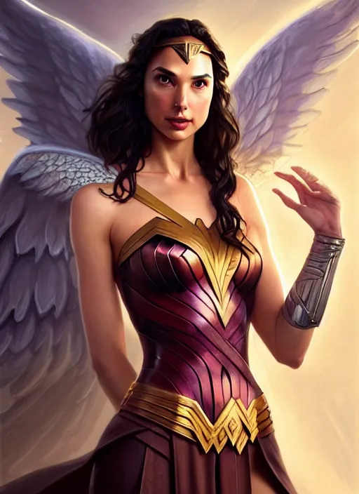 Prompt: gal gadot as an angel, deep focus, d & d, fantasy, intricate, elegant, highly detailed, digital painting, artstation, concept art, matte, sharp focus, illustration, hearthstone, art by artgerm and greg rutkowski and alphonse mucha