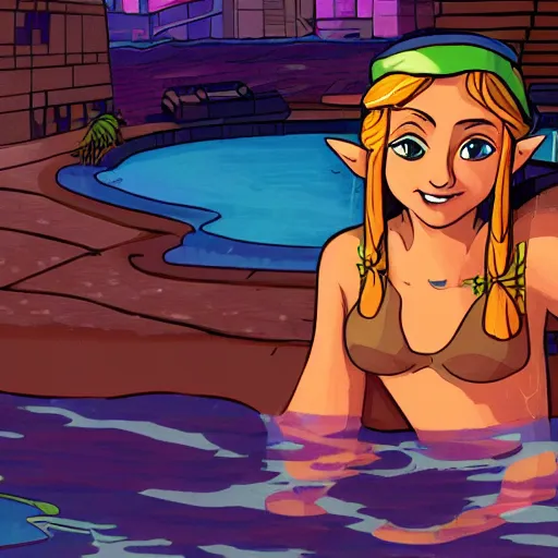 Image similar to zelda in the future city taking a bath in the swimming pool of a hotel