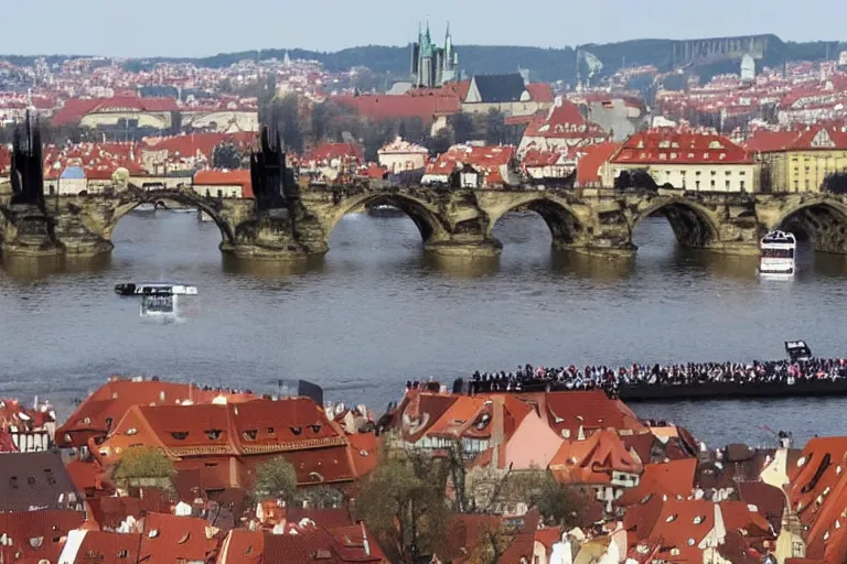 Prompt: richard gere plays iron man, flies over charles bridge in prague