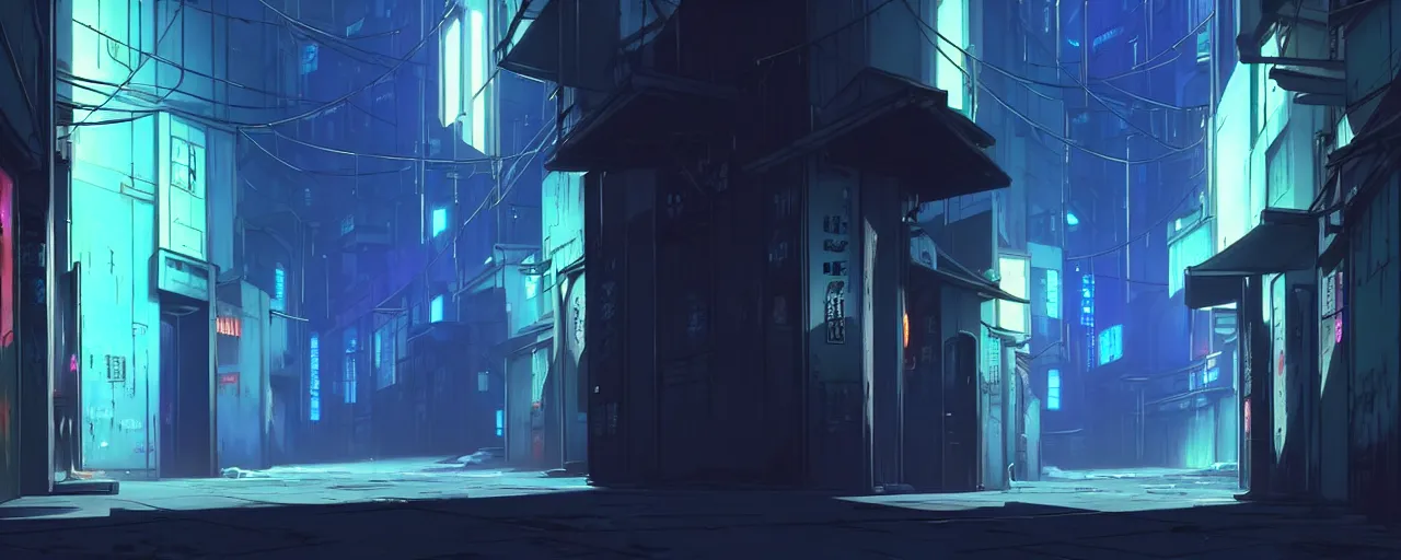 Image similar to a close up of a city alleyway in the atmospheric cyberpunk anime film, gouache matte background painting, neon noir, at night with lights, by makoto shinkai, in the anime series ergo proxy, beautiful specular edge highlights and rim lighting