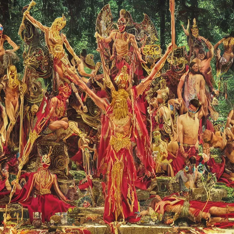 Prompt: pov of a member of an esoteric cult sacrificing a male body on a stone altar, ektachrome hyper realistic and detailed, wear heavy red ornemental costumes and elongate gold masks and jewels