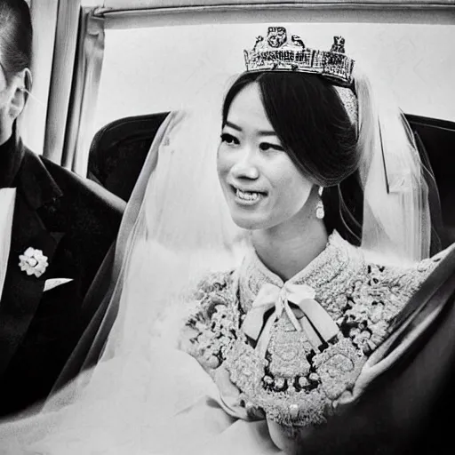 Image similar to An extreme long shot wide shot, colored black and white Russian and Japanese mix historical fantasy a photograph portrait taken at the empress and emperor's royal wedding inside the imperial carriage going back to the palace, they had a private moment together, golden hour, warm lighting, 1907 photo from the official wedding photographer for the royal wedding. Cinematic, atmospheric lighting, extreme detail, 8K, movie still.