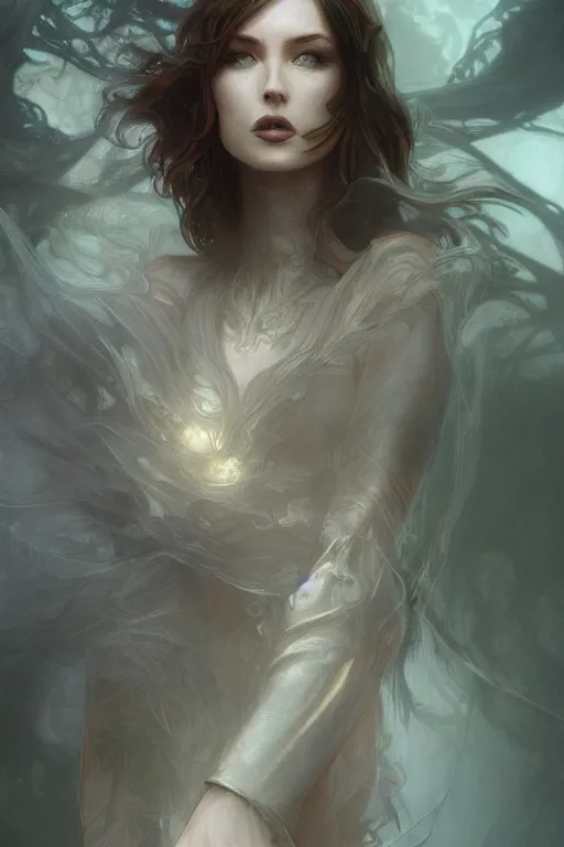 Image similar to woman with pale skin and faceted metal dress, fog, volumetric lighting, intricate, elegant, highly detailed, digital painting, artstation, concept art, smooth, sharp focus, art nouveau, steampunk, art by raymond swanland and alphonse mucha