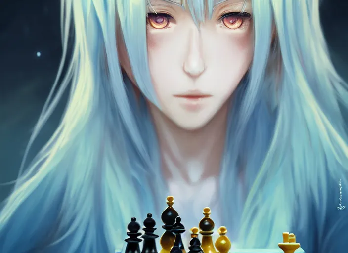 Image similar to rimuru playing chess, with amber eyes of golden colored eyes, straight hair, sky blue hair, long bangs, high collar, concept art, award winning photography, digital painting, cinematic, by wlop, anime key visual, wlop, 8 k, by ross tran, tom bagshaw, andy warhol