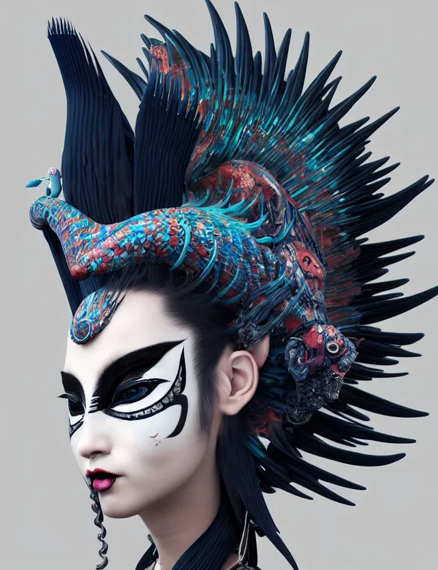 Image similar to 3 d goddess close - up profile portrait punk with mohawk with ram skull. beautiful intricately detailed japanese crow kitsune mask and clasical japanese kimono. betta fish, jellyfish phoenix, bio luminescent, plasma, ice, water, wind, creature, artwork by tooth wu and wlop and beeple and greg rutkowski