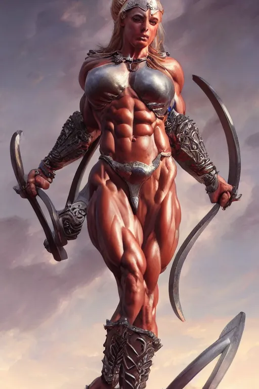 Prompt: goddess of war, accurate anatomy, IFBB fitness body, only two hands, highly detailed, digital painting, artstation, concept art, smooth, sharp focus, illustration, Unreal Engine 5, 8K, art by art by artgerm and greg rutkowski and edgar maxence