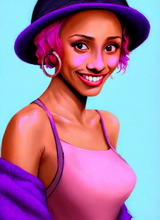 Prompt: portrait of young vanessa morgan with bright pink hair, black girl, vanessa morgan, curly pixie cut hair, wearing a purple newsboy cap, breton cap, confident smile, hoop earrings, intricate, elegant, glowing lights, highly detailed, digital painting, artstation, concept art, smooth, sharp focus, illustration, art by wlop, mars ravelo and greg rutkowski