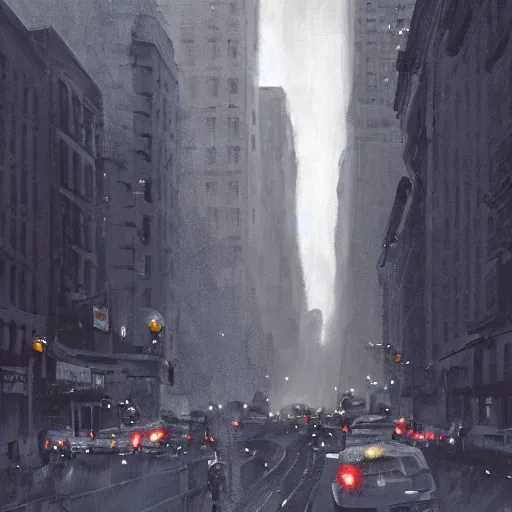 Prompt: 1930's NYC vista digital painting by Mikael Widegren, trending on artstation, warm lighting, dark dirty grungy streets, large crowds of peasants, street signs, street tram, industrial giant skyscrapers, sky concealed by multi-level overpass, misty, god rays, 14mm lens, blue sky, hd, no blur, bokeh, defocus, motion blur