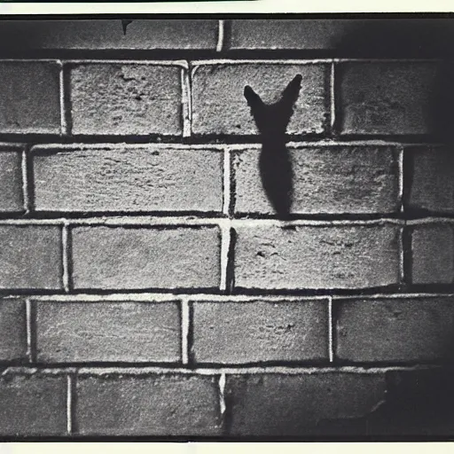 Prompt: wide - shot low - angle ant's eye view, sharp shadow!! of a cat!! on the brick wall outside, polaroid photo, by andy warhol