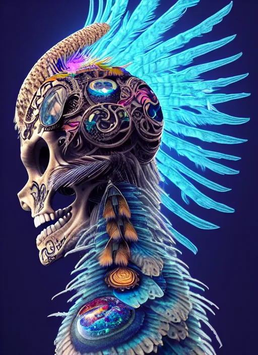 Image similar to 3 d shaman with tattoos profile portrait, sigma 5 0 0 mm f / 5. beautiful intricate highly detailed quetzalcoatl skull and feathers. bioluminescent, gradient background, plasma, frost, water, wind, creature, thunderstorm! artwork by tooth wu and wlop and beeple and greg rutkowski, 8 k trending on artstation,