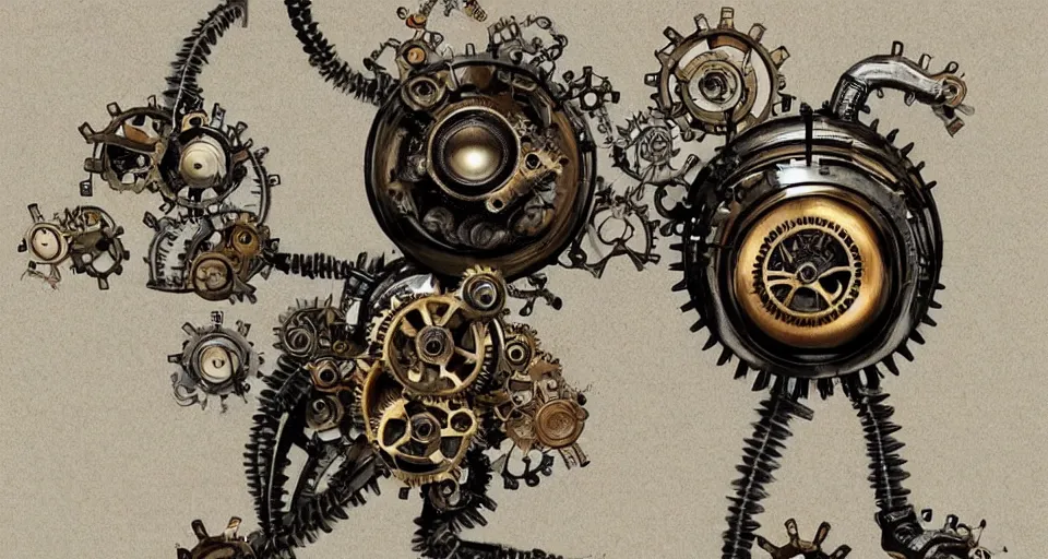 Prompt: a tiny cute steampunk monster with cogs and screws and big eyes smiling and waving, in the style of dave mckean