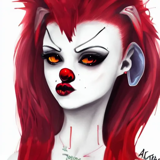 Prompt: A high quality illustration of a bright goth-clown hybrid with red hair, trending on artstation, cute