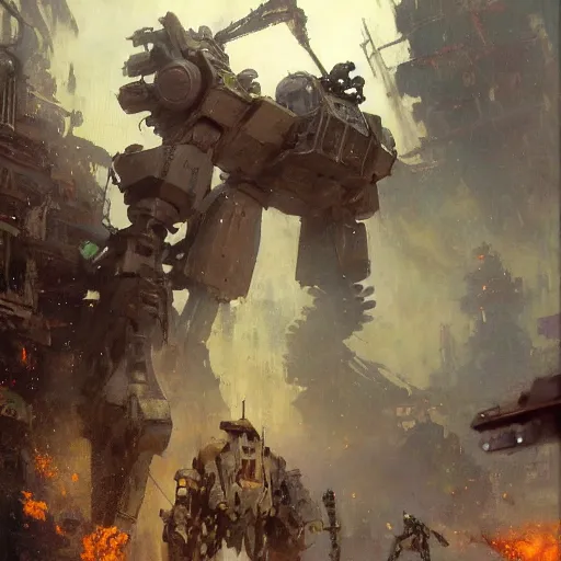 Prompt: six meters tall mech fighting in an urban environment, gating gun, epic action scene, by gaston bussiere craig mullins jc leyendecker gustav klimt artgerm greg rutkowski john berkey, bergey, craig mullins, ruan jia, raymond swanland, jeremy mann, tom lovell, alex malveda