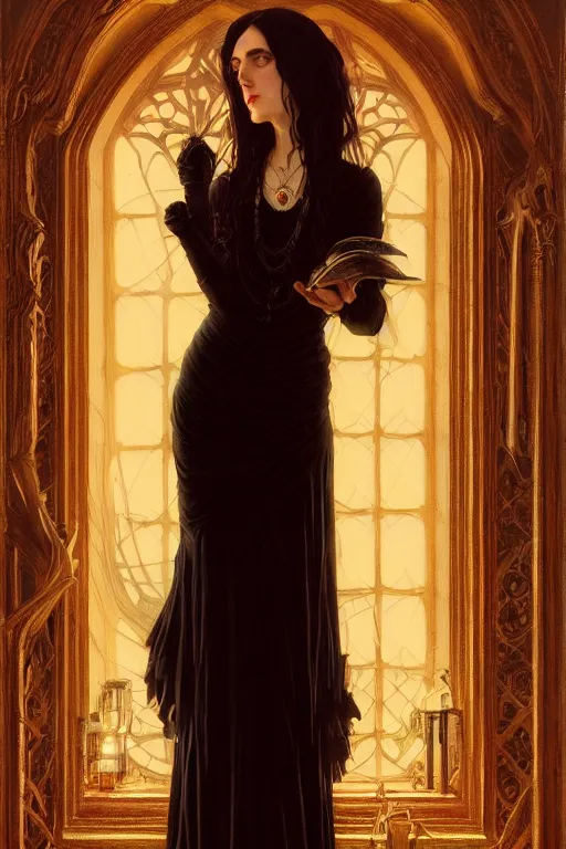 Prompt: sargent and leyendecker and greg hildebrandt highly detailed portrait of a gothic woman with long hair, wearing a black velvet gown, stephen bliss, unreal engine, by greg rutkowski, loish, ferdinand knab, ilya kuvshinov, rossdraws, tom bagshaw, alphonse mucha, global illumination, radiant light, detailed and intricate environment