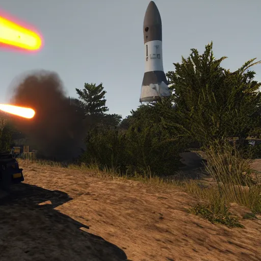 Image similar to arma 3 screenshot, rocket launch, blasting off, rocket smoke