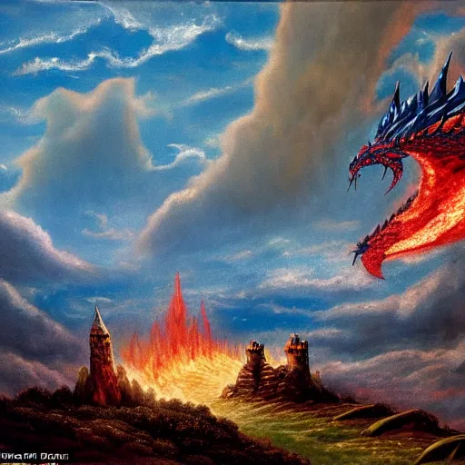 Prompt: a knight going to jump to get on a dragons back as it breathes fire and inflames the ground beneath him, with castle in distance, stormy, raining, painting