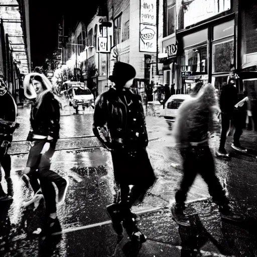 Prompt: flash night photography of punks and goths on the lower east side, nighttime, raining!