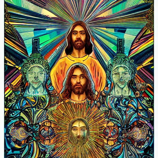 Image similar to the transfiguration of jesus christ, an ultrafine detailed illustration by james jean, intricate linework, bright colors, final fantasy, behance contest winner, vanitas, angular, altermodern, unreal engine 5 highly rendered, global illumination, radiant light, detailed and intricate environment