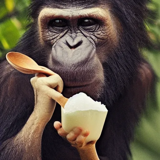 Image similar to bored ape holding a spoon full or sugar up to his face