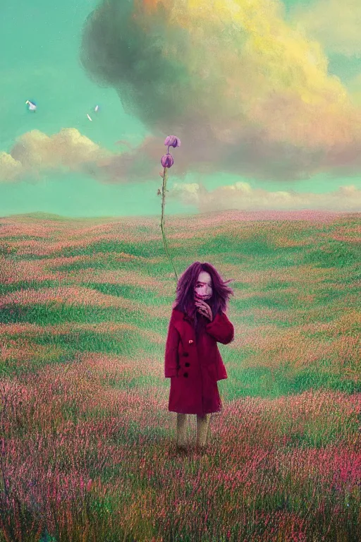 Prompt: portrait, gigantic flower head, a girl wearing a coat in heather field, surreal photography, wind and cold, dramatic sky, impressionist painting, digital painting, artstation, simon stalenhag