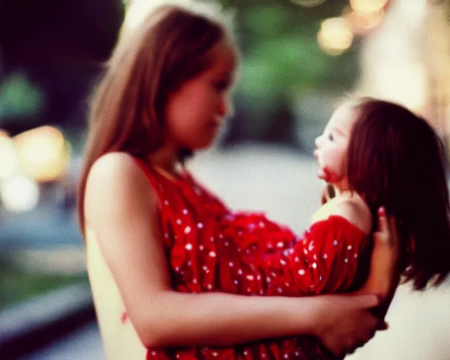 Image similar to a lomographic photo of young women holding her child on hands, year 1 9 7 0, cinestill, bokeh