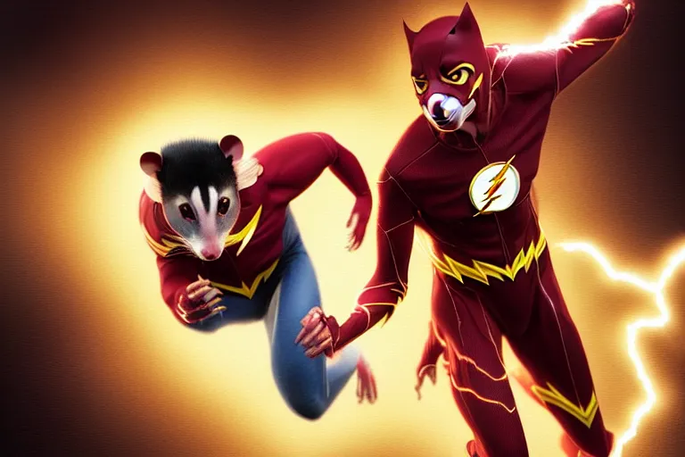 Image similar to a stunning digital painting of a opossum as the flash in spandex costume, running in the speedforce by greg rutkowski, volumetric light, digital art, fine detail, photorealistic