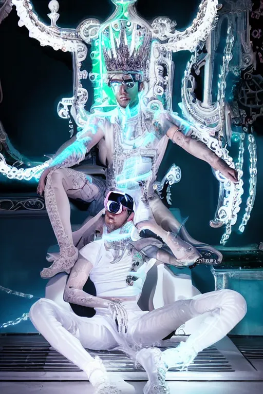 Prompt: full-body rococo and cyberpunk style neon statue of a muscular attractive Yandel macho dotado e rico android sim roupa reclining con las piernas abertas e la piroca dura, glowing white lasers, glowing eyes, silver prince crown, silver steampunk gears, white diamonds, swirling mint-colored silk fabric. futuristic elements. ethereal white dripping tar. full-length view. space robots. human skulls. large white balloon animals. intricate artwork by caravaggio. Trending on artstation, octane render, cinematic lighting from the right, hyper realism, octane render, 8k, depth of field, 3D